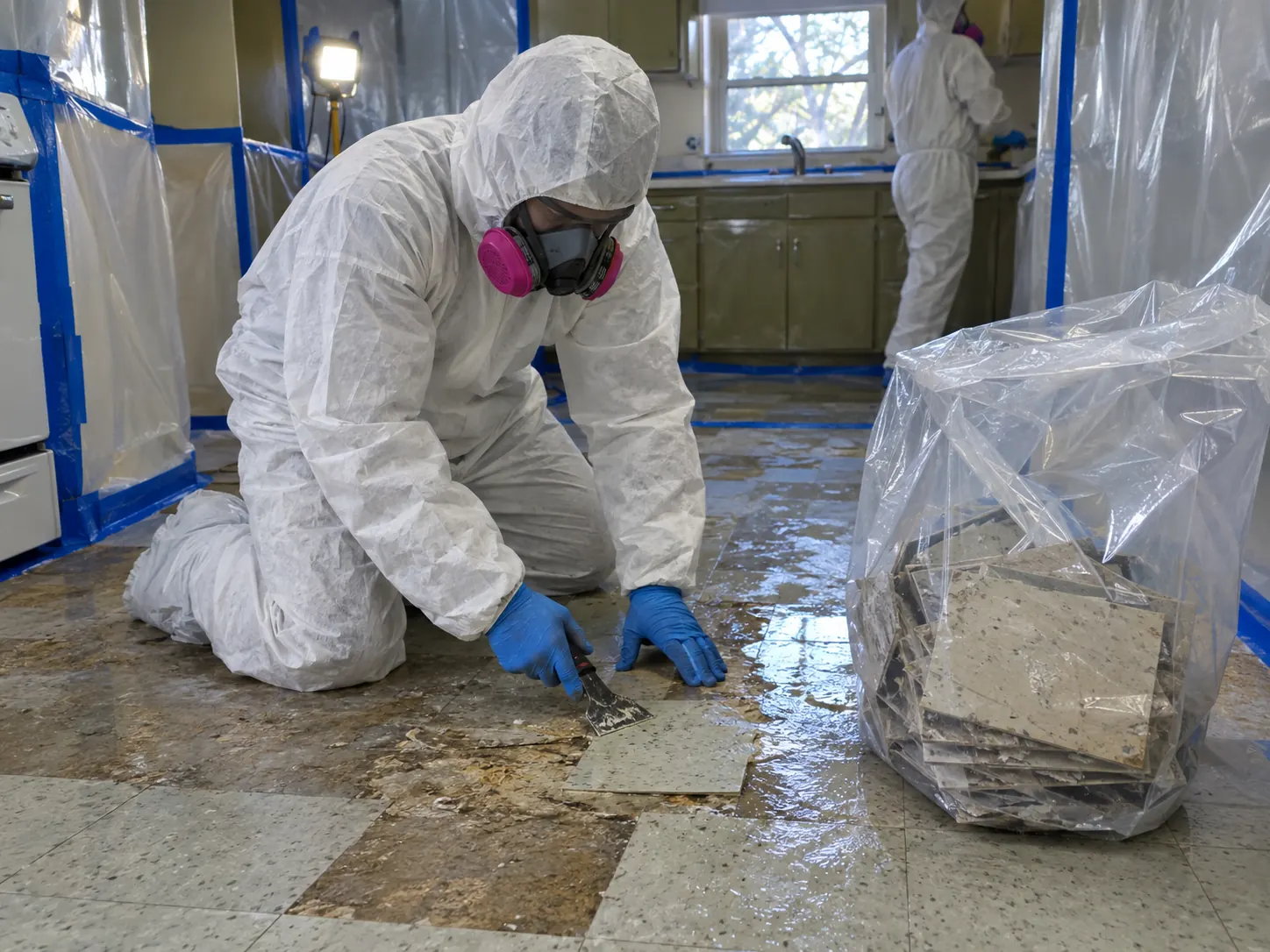 Worker removing vinyl floor tiles and bagging them
