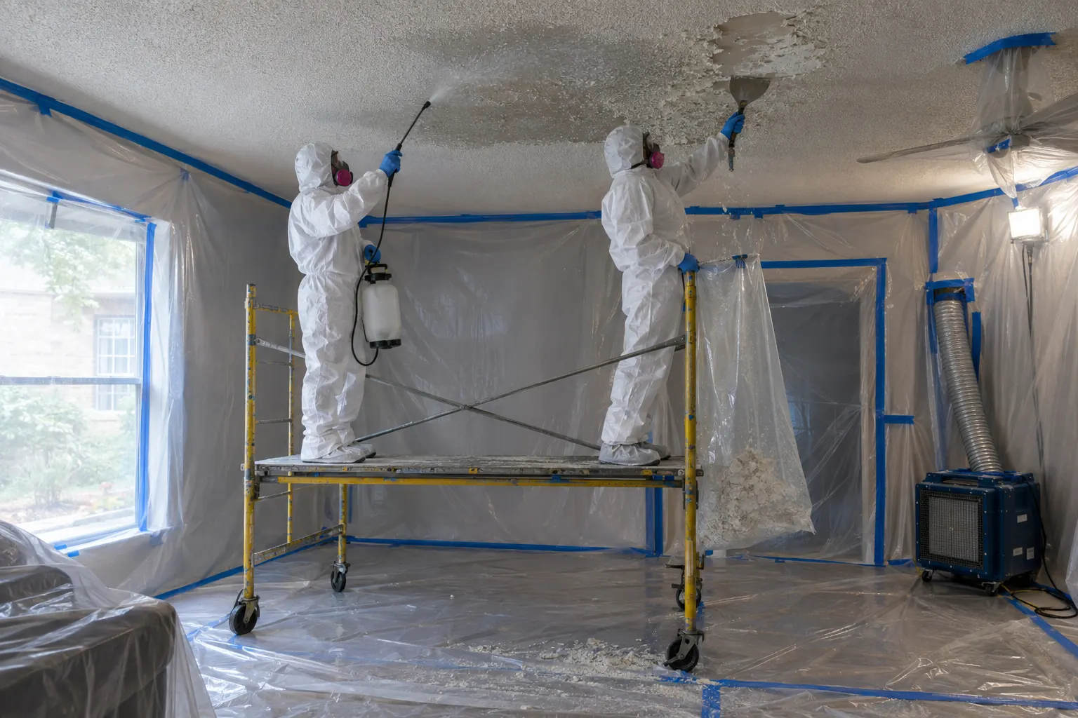 Abatement crew in respirators removing a popcorn ceiling inside sealed containment