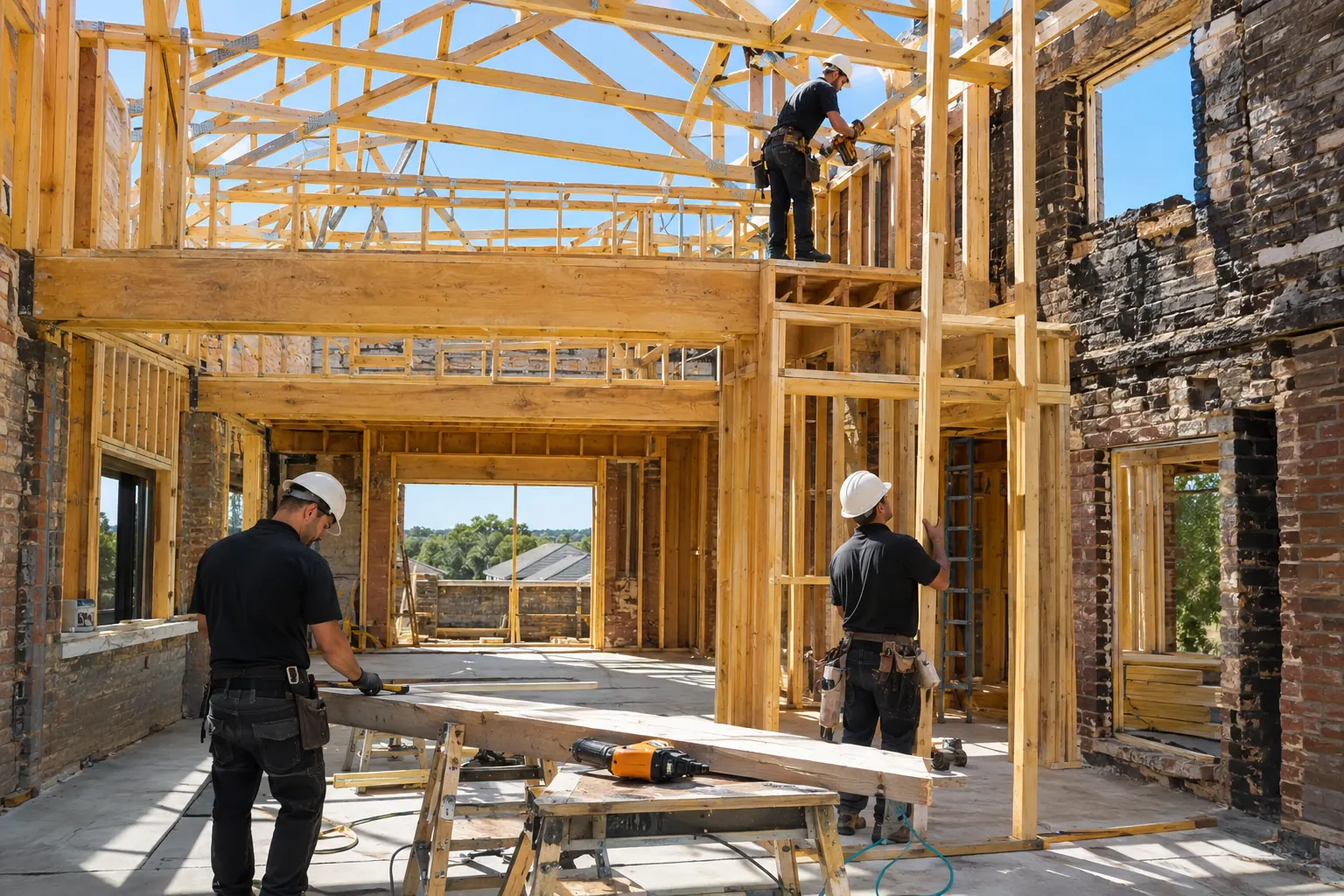 Carpenters framing new walls and roof trusses inside a fire-damaged brick home
