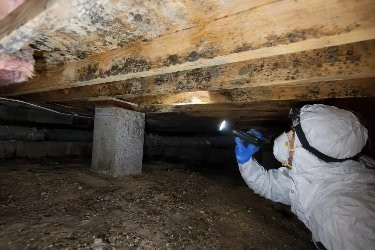 Technician inspecting a crawlspace with a flashlight