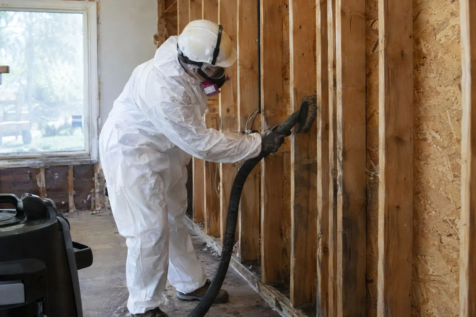 Technician HEPA-vacuuming framing