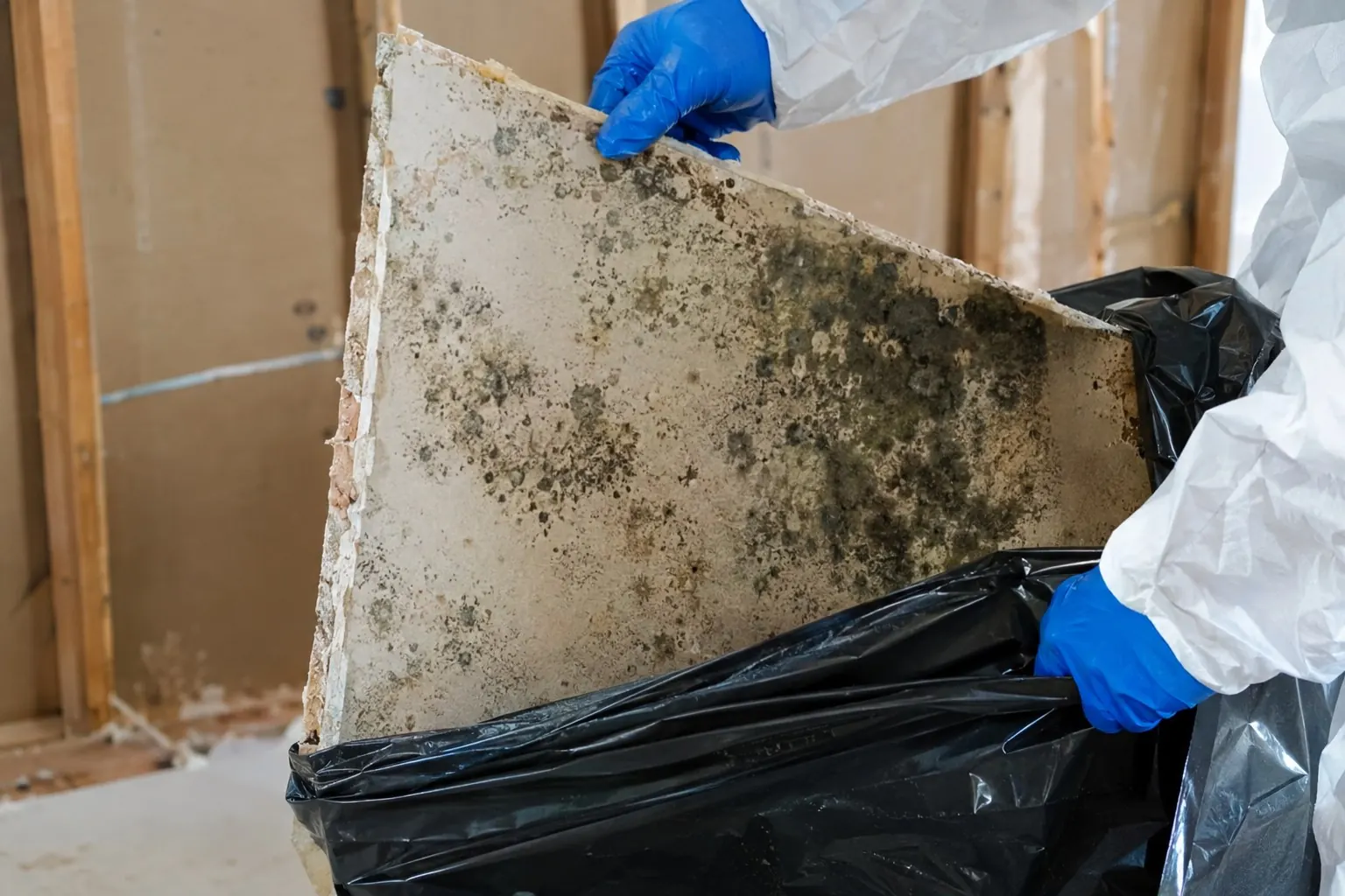 Technician bagging mold-affected drywall