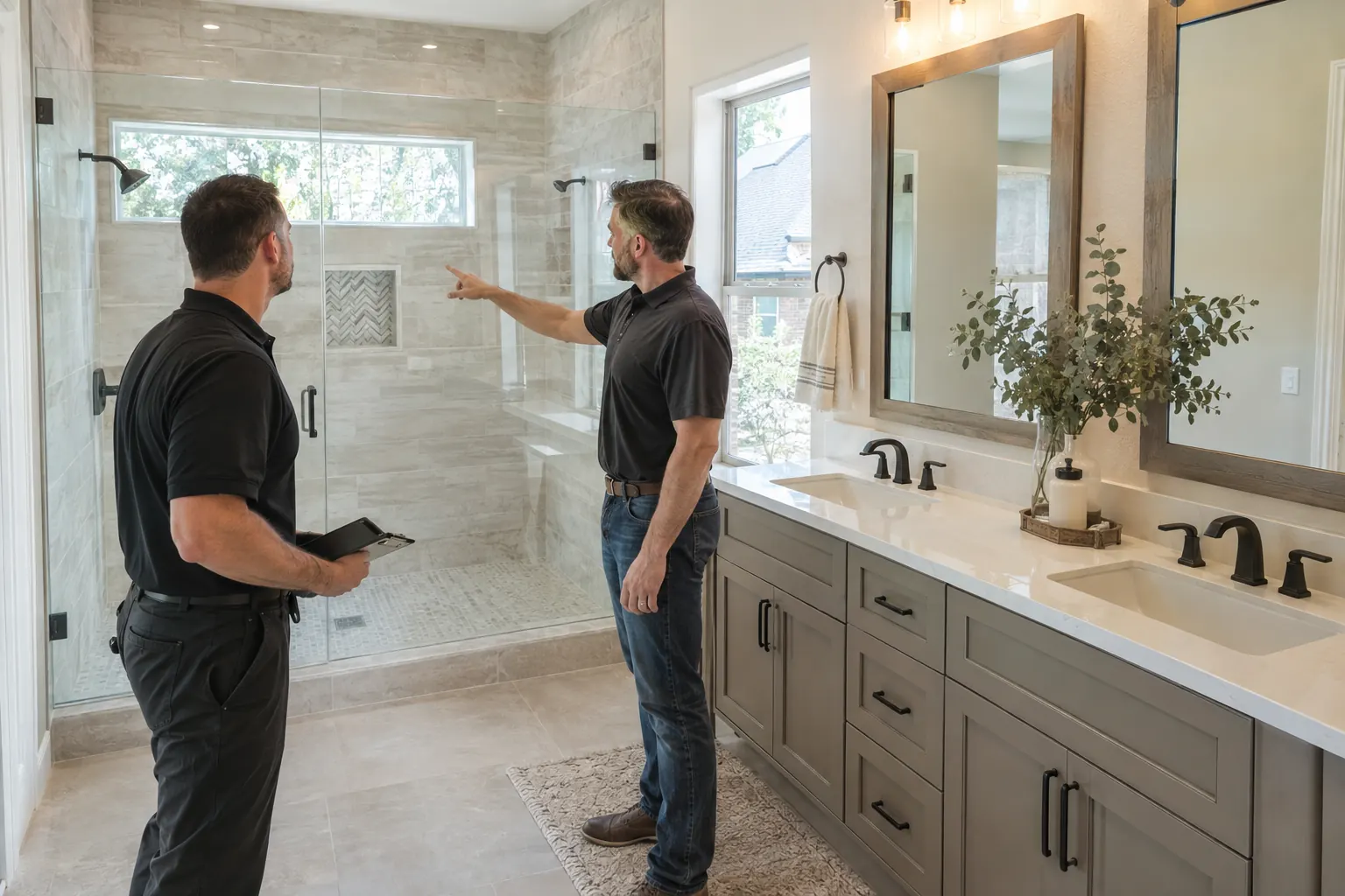 Project manager reviewing a finished bathroom with the homeowner