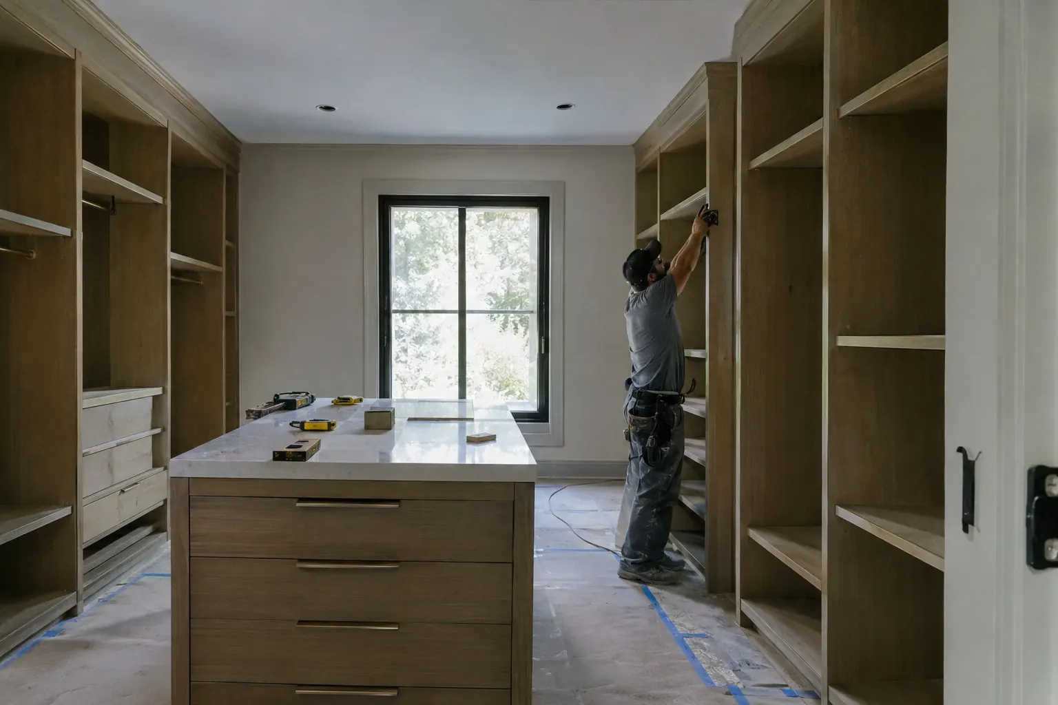 Carpenter installing custom closet cabinetry