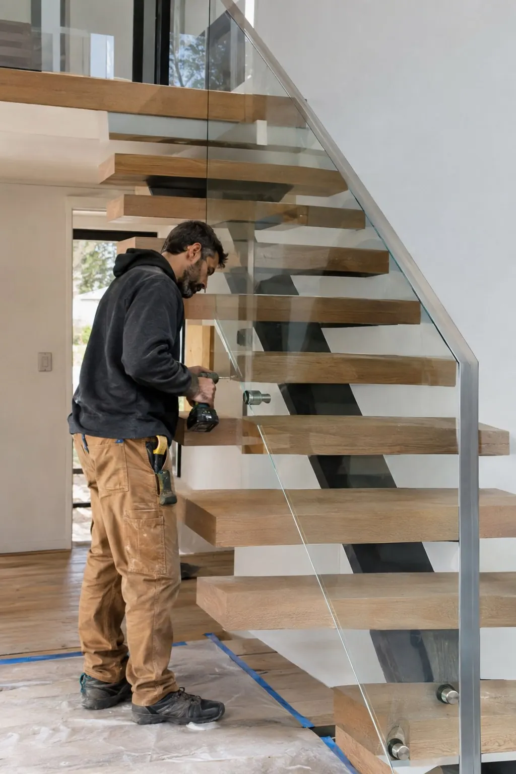 Installer building a floating staircase