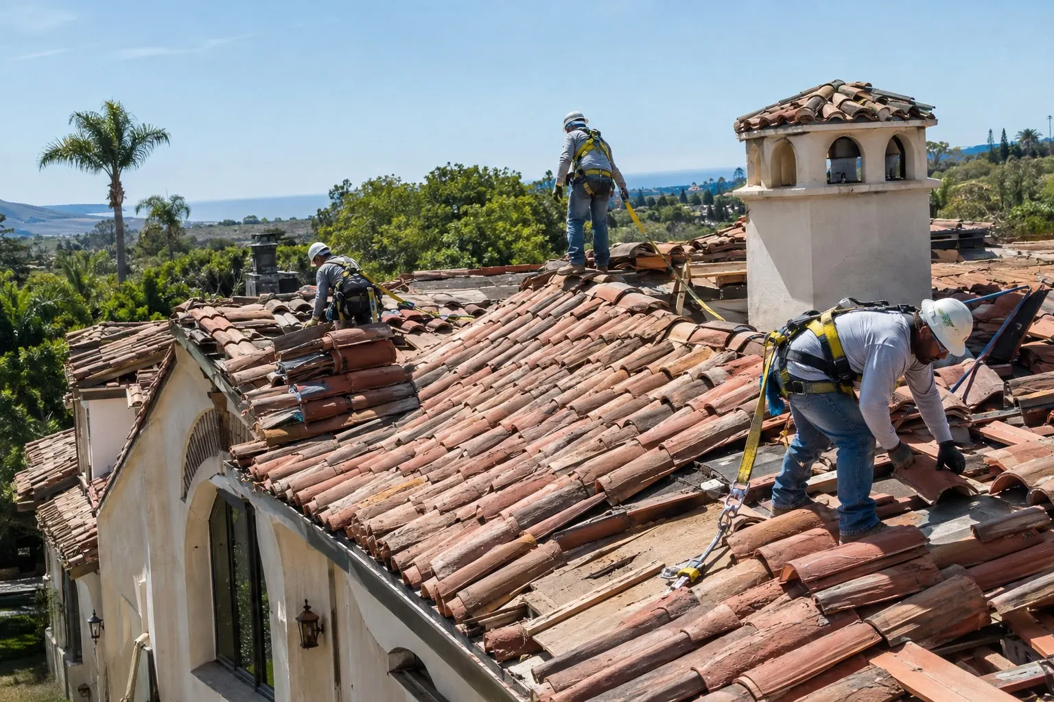 Crew replacing a clay tile roof