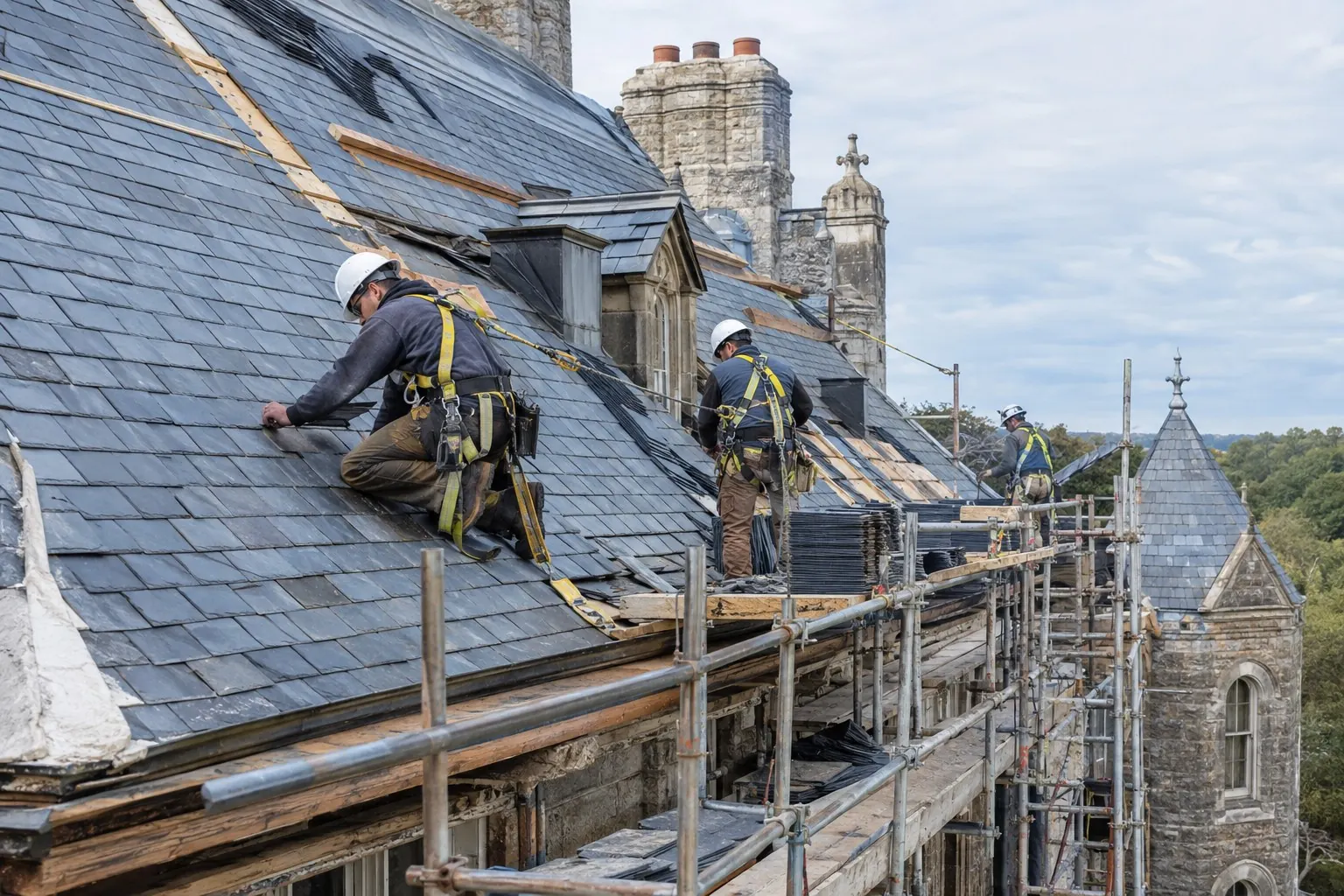 Crew tied off on a steep slate roof