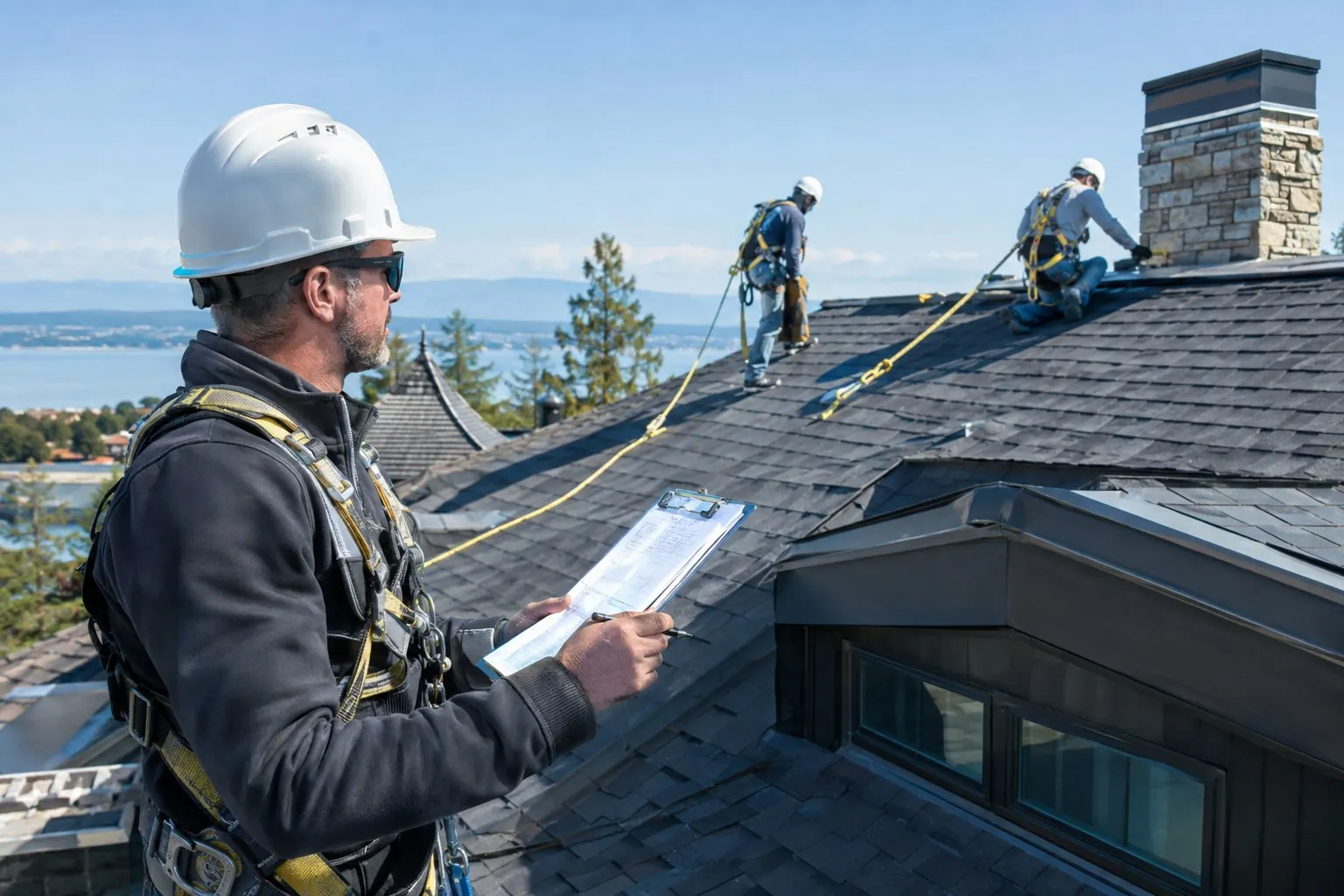 Roofing lead documenting a roof inspection on a clipboard