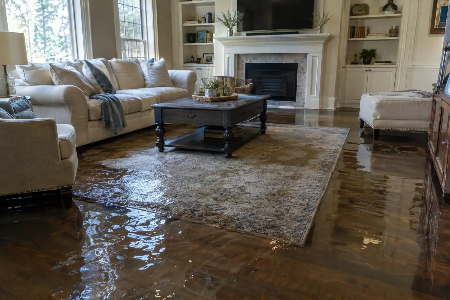 Water-damaged living room with standing water on hardwood floors
