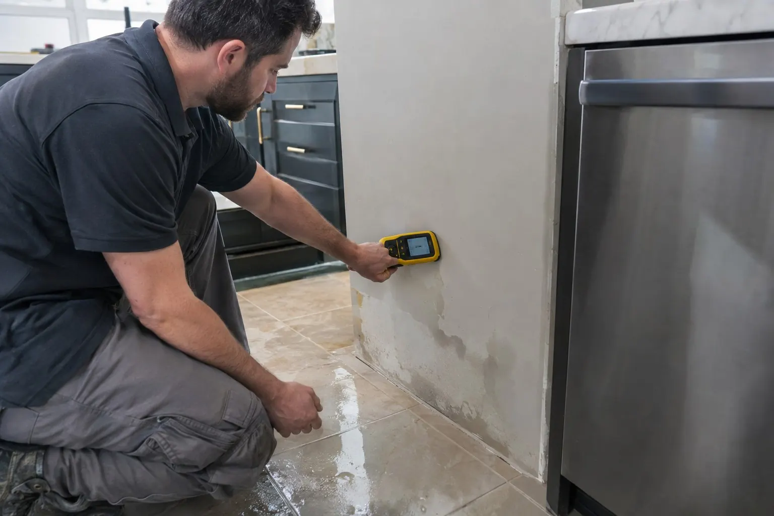 Technician taking moisture-meter readings at a wall